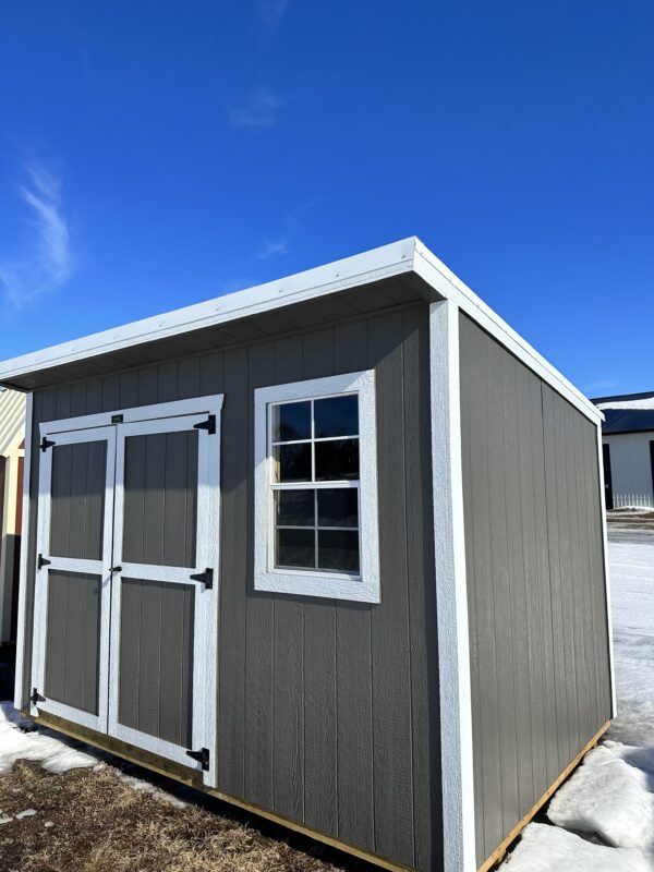 8x12 Urethane Cottage Shed Premier Cottage Shed (PCS) / Garden Shed (PGS) 75″ Rear Wall and 89″ Front Wall (Garden Shed Wall Heights Reversed). One 2’x3’ Window with Latch/Screen, 70” Door Opening & Double Wooden Doors, Door Lock and Keys, High-End Durable Hinges, Spring Latch Hooks Top and Bottom of Left Door Ensures Security.
