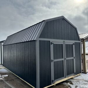 12'x20' LB LOFTED BARN STANDARD FEATURES. Barn Style Roof with 6'6" height under loft All buildings come standard with a 70" wide double door 2"x6" pressure-treated floor joists spaced 16" on center Wall studs 16" on center and double studded (24" on Metal) 5/8" tongue-and-groove flooring Urethane Siding [Metal Siding Available for additional cost] Truss plates are used on ALL JOINTS for maximum stability 50-year warranty on siding 30-year Metal roof