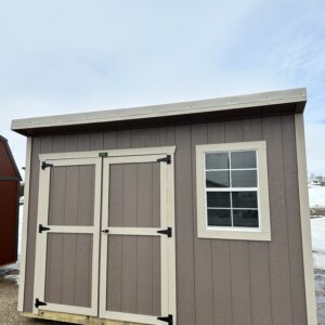 8'x12' Cottage Shed Premier Cottage Shed (PCS) / Garden Shed (PGS) 75″ Rear Wall and 89″ Front Wall (Garden Shed Wall Heights Reversed). One 2’x3’ Window with Latch/Screen, 70” Door Opening & Double Wooden Doors, Door Lock and Keys, High-End Durable Hinges, Spring Latch Hooks Top and Bottom of Left Door Ensures Security.
